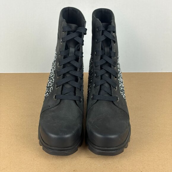 Sorel Joan of Arctic Tweed Wedge Boots Womens 9 Black White Lace Up Casual - Picture 2 of 10